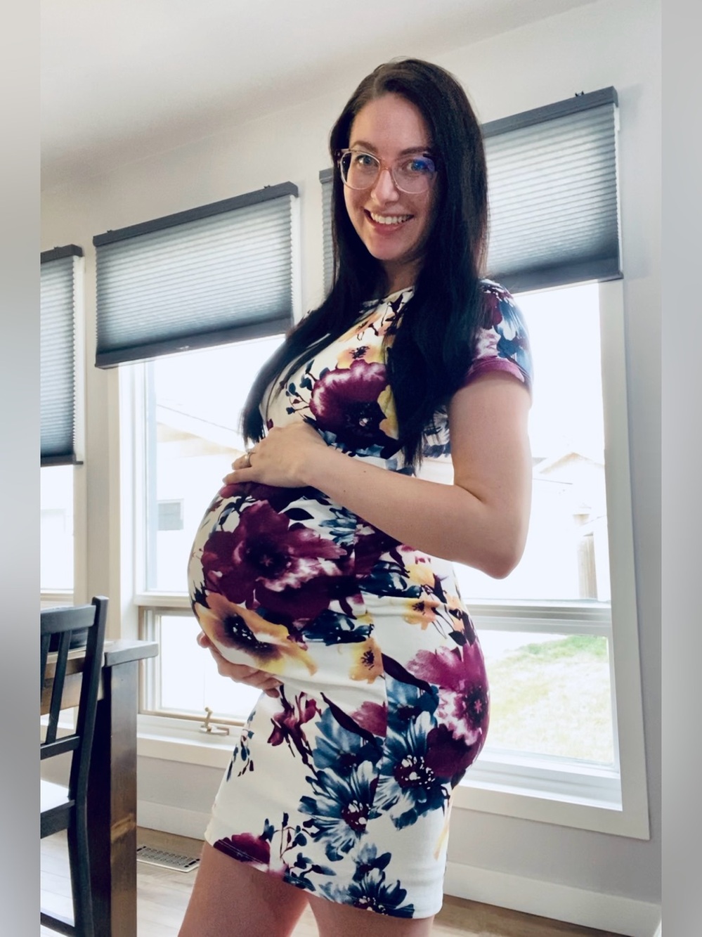 Maternity White Midi Dress with Burgundy, Navy and Yellow Floral Print